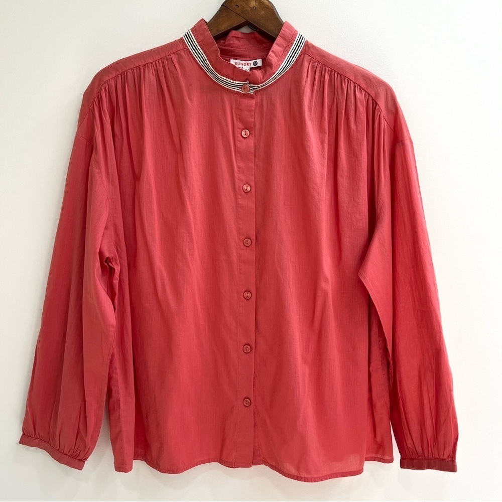 Sundry Coral Collarless Cotton Button-Up Shirt Pleated Size 3 Large